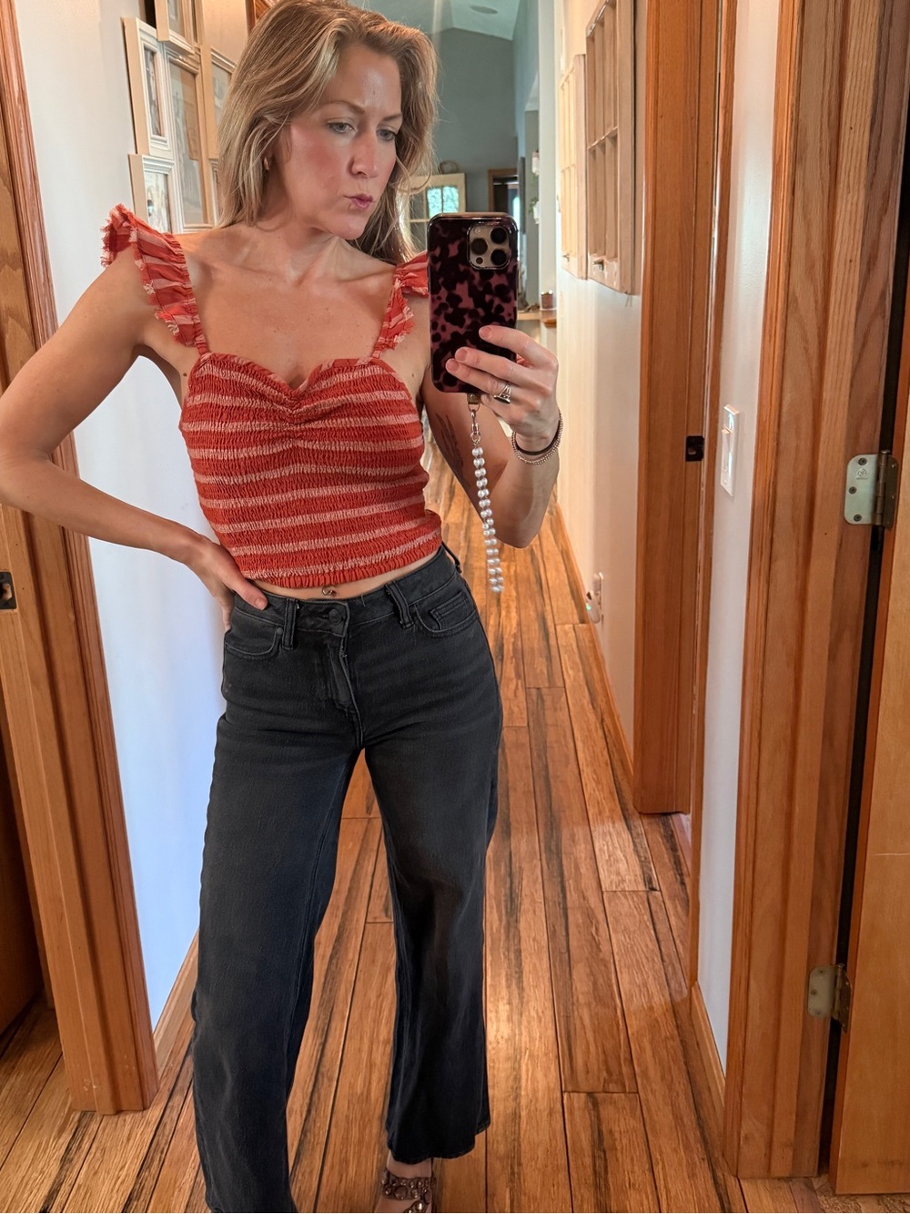 Free People Striped Cropped smocked Ruffle Strap Tank Top